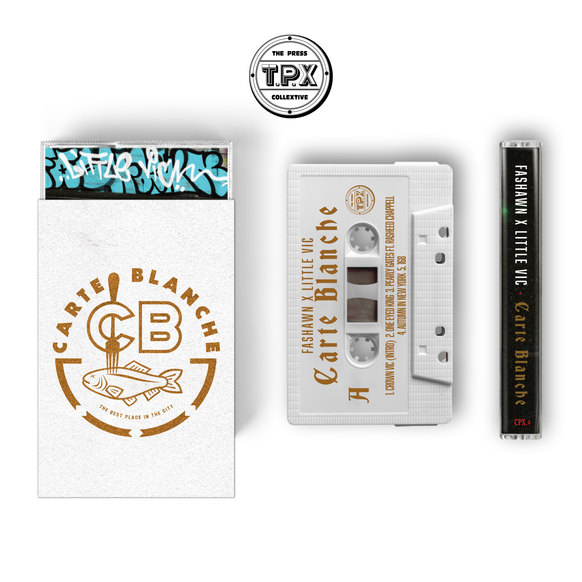 Fashawn and Little Vic 
Carte Blanche White o card with custom cocaine white premium cassette tape all numbered.